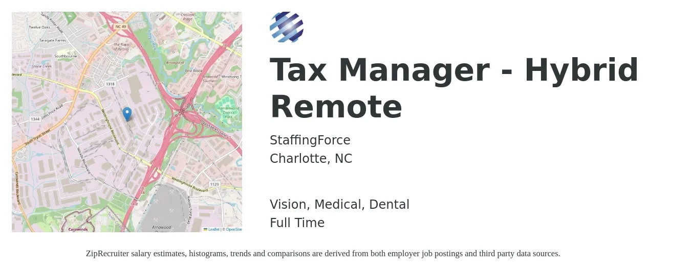 StaffingForce job posting for a Tax Manager - Hybrid Remote in Charlotte, NC with a salary of $108,400 to $142,100 Yearly and benefits including vision, dental, life_insurance, medical, pto, and retirement with a map of Charlotte location.