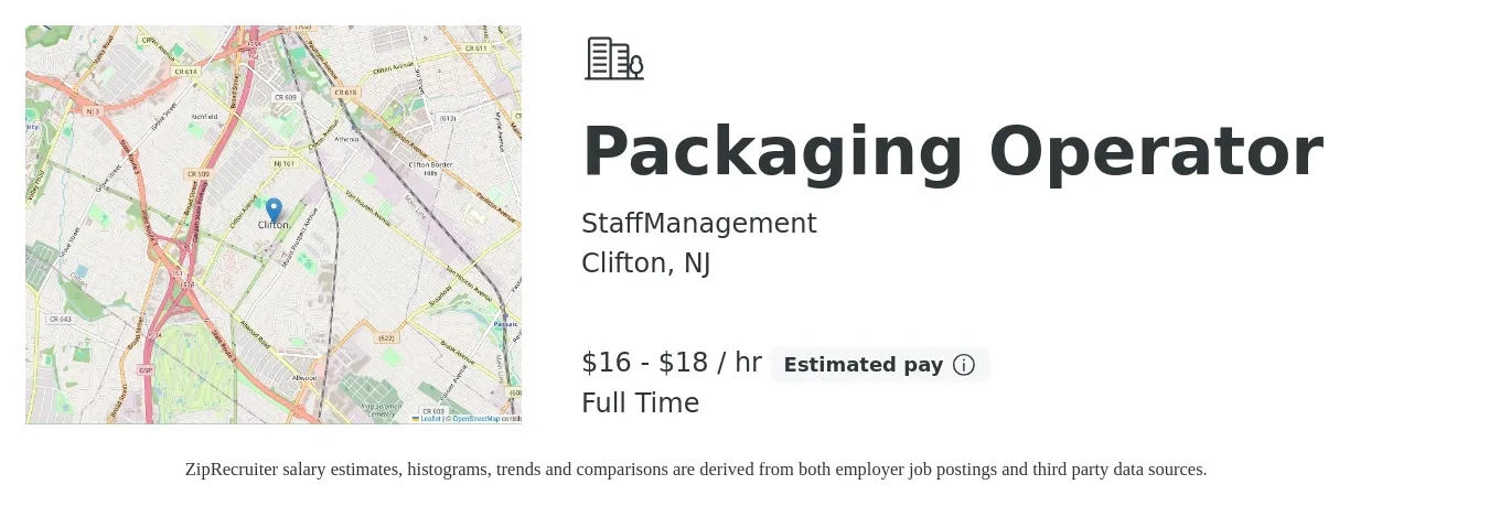 StaffManagement job posting for a Packaging Operator in Clifton, NJ with a salary of $17 to $19 Hourly with a map of Clifton location.