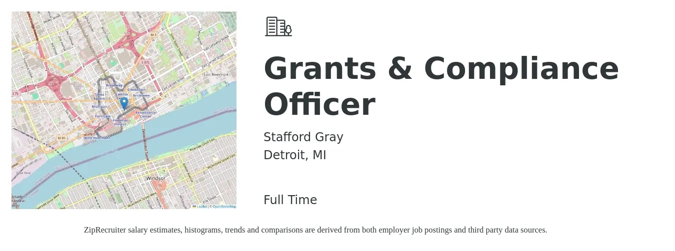 Stafford Gray job posting for a Grants & Compliance Officer in Detroit, MI with a salary of $54,400 to $75,200 Yearly with a map of Detroit location.