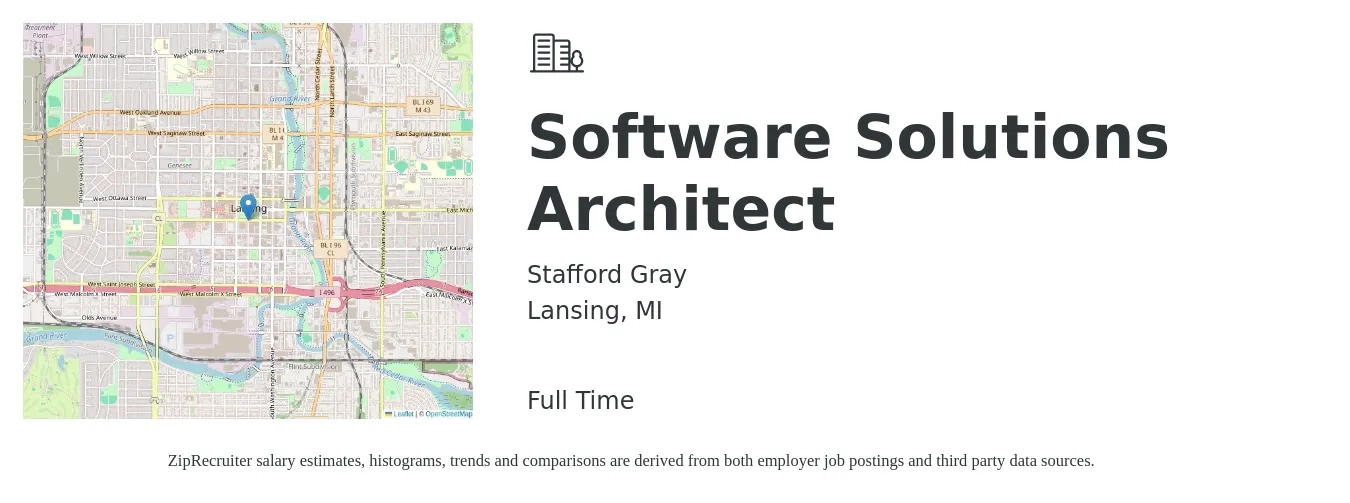 Stafford Gray job posting for a Software Solutions Architect in Lansing, MI with a salary of $124,200 to $174,500 Yearly with a map of Lansing location.