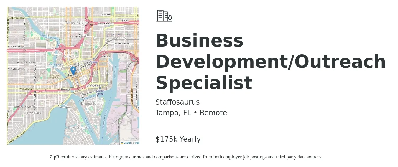Staffosaurus job posting for a Business Development/Outreach Specialist in Tampa, FL with a salary of $175,000 Yearly with a map of Tampa location.