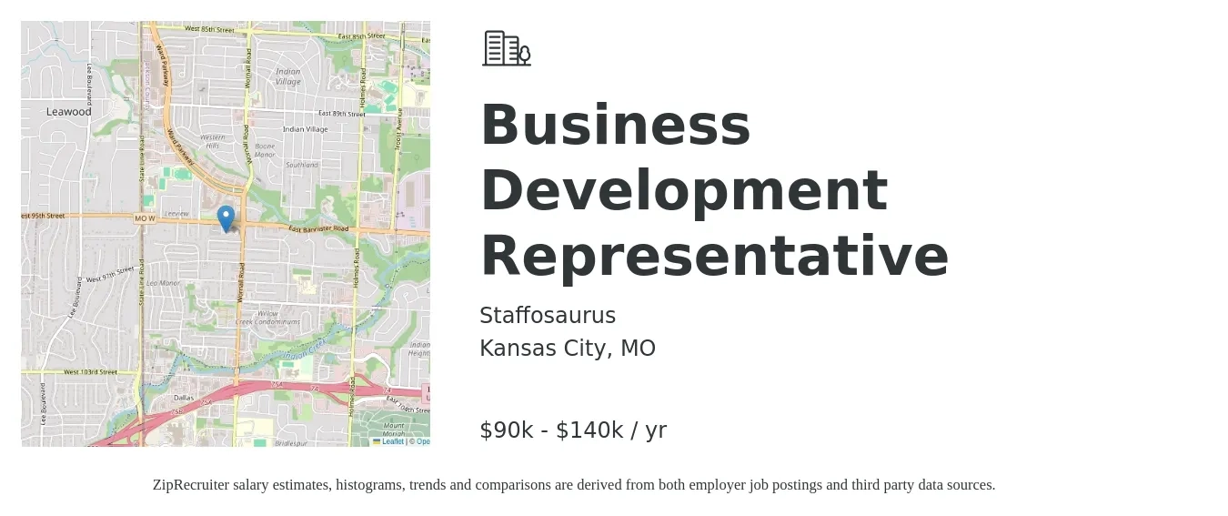Staffosaurus job posting for a Business Development Representative in Kansas City, MO with a salary of $90,000 to $140,000 Yearly with a map of Kansas City location.
