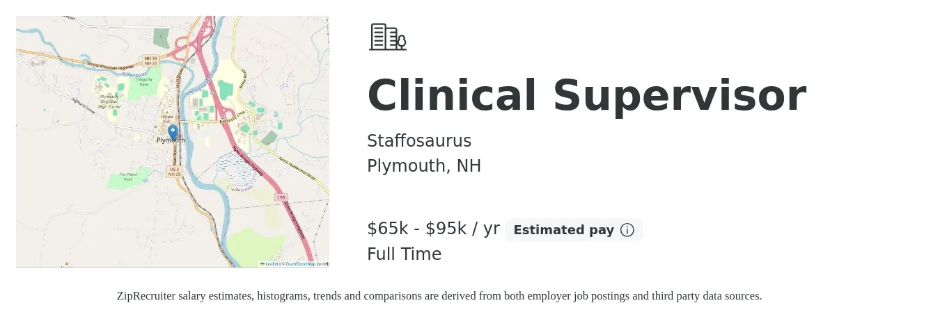 Staffosaurus job posting for a Clinical Supervisor in Plymouth, NH with a salary of $66,200 to $91,500 Yearly with a map of Plymouth location.