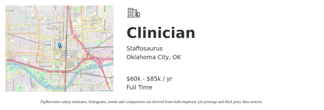 Staffosaurus job posting for a Clinician in Oklahoma City, OK with a salary of $60,000 to $85,000 Yearly with a map of Oklahoma City location.