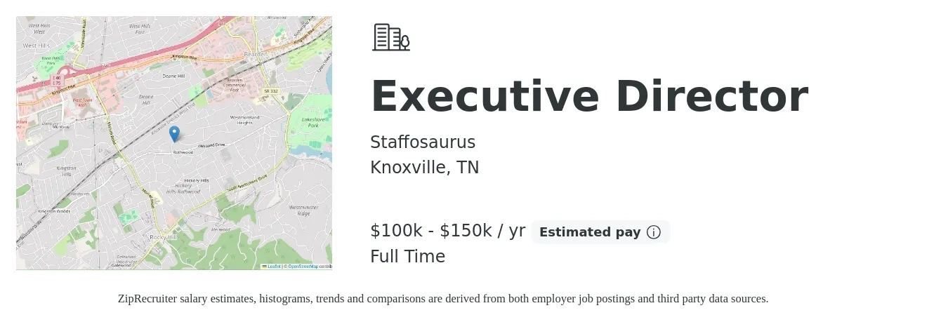 Staffosaurus job posting for a Executive Director in Knoxville, TN with a salary of $64,400 to $119,300 Yearly with a map of Knoxville location.