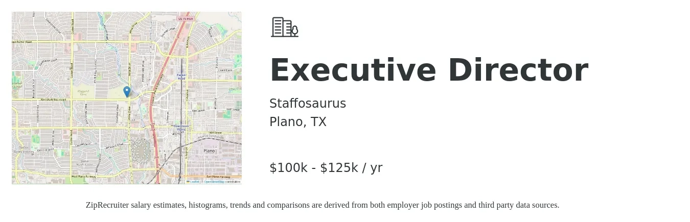 Staffosaurus job posting for a Executive Director in Plano, TX with a salary of $100,000 to $125,000 Yearly with a map of Plano location.