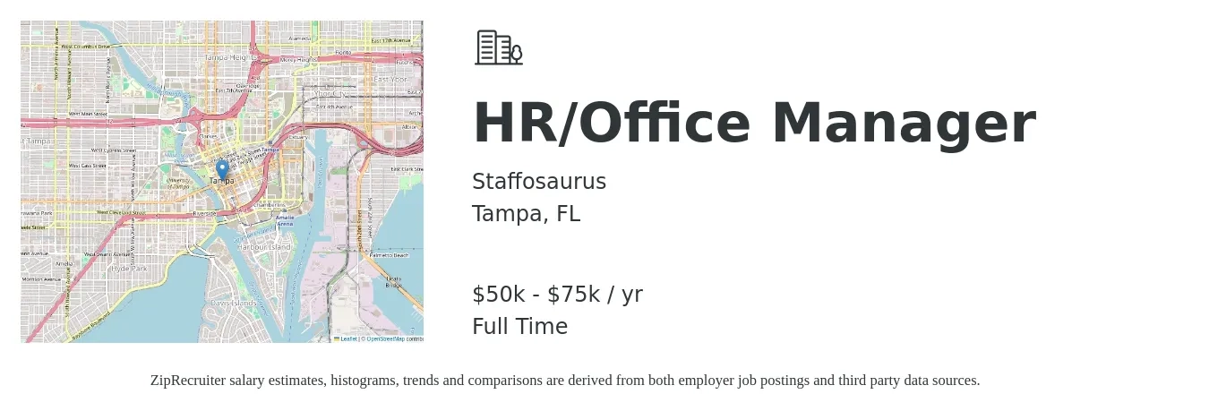 Staffosaurus job posting for a HR/Office Manager in Tampa, FL with a salary of $50,000 to $75,000 Yearly with a map of Tampa location.