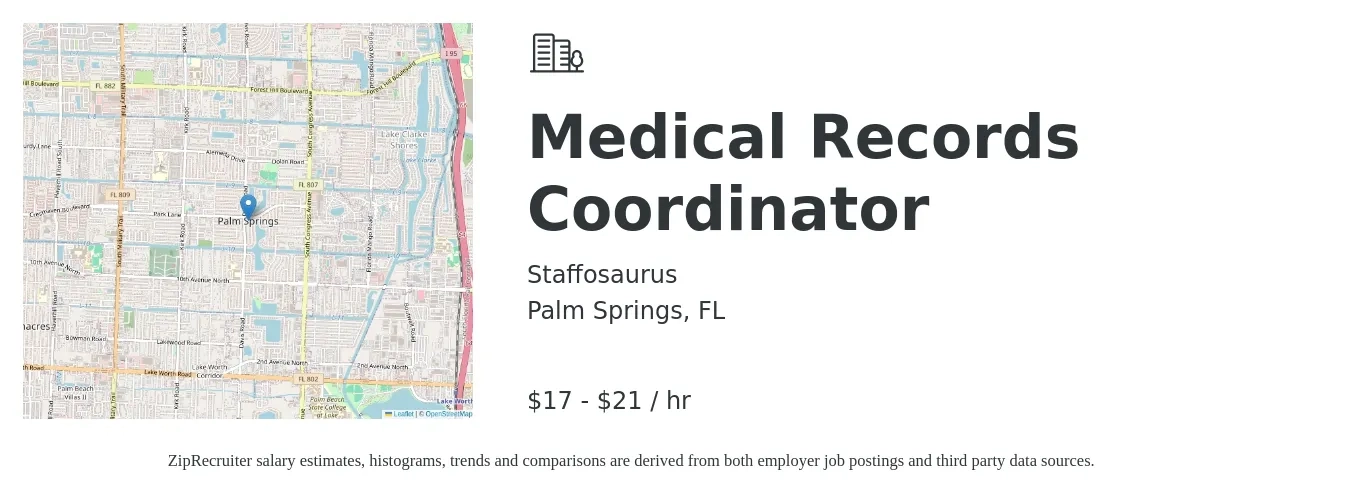 Staffosaurus job posting for a Medical Records Coordinator in Palm Springs, FL with a salary of $18 to $22 Hourly with a map of Palm Springs location.