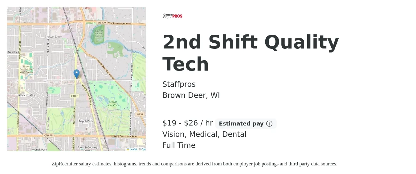 Staffpros job posting for a 2nd Shift Quality Tech in Brown Deer, WI with a salary of $20 to $28 Hourly and benefits including retirement, vision, dental, life_insurance, medical, and pto with a map of Brown Deer location.