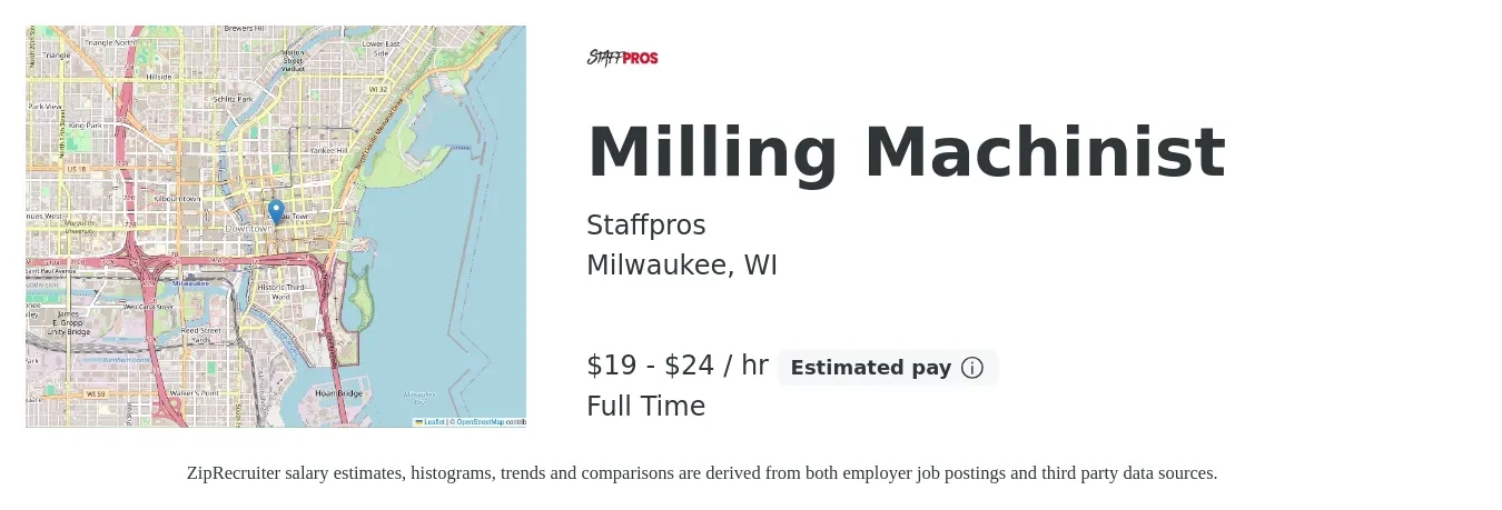 Staffpros job posting for a Milling Machinist in Milwaukee, WI with a salary of $20 to $25 Hourly with a map of Milwaukee location.