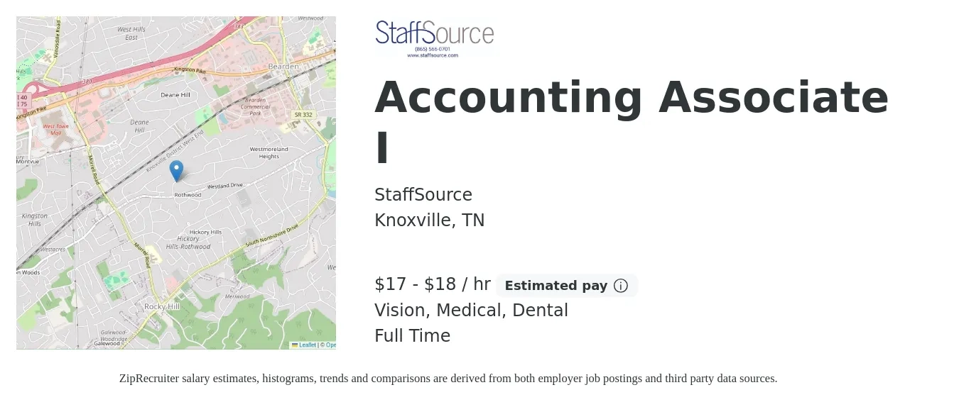 StaffSource job posting for a Accounting Associate I in Knoxville, TN with a salary of $18 to $19 Hourly and benefits including dental, medical, and vision with a map of Knoxville location.