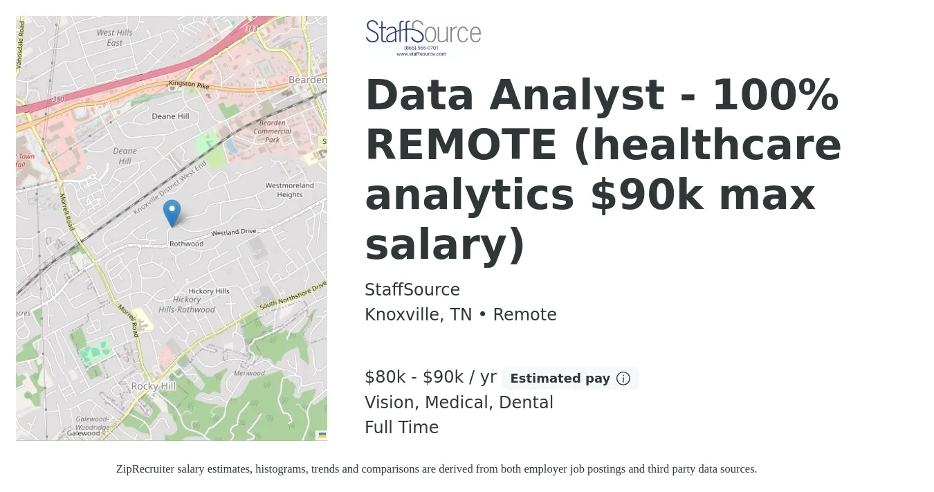 StaffSource job posting for a Data Analyst - 100% REMOTE (healthcare analytics $90k max salary) in Knoxville, TN with a salary of $80,000 to $90,000 Yearly and benefits including vision, dental, and medical with a map of Knoxville location.
