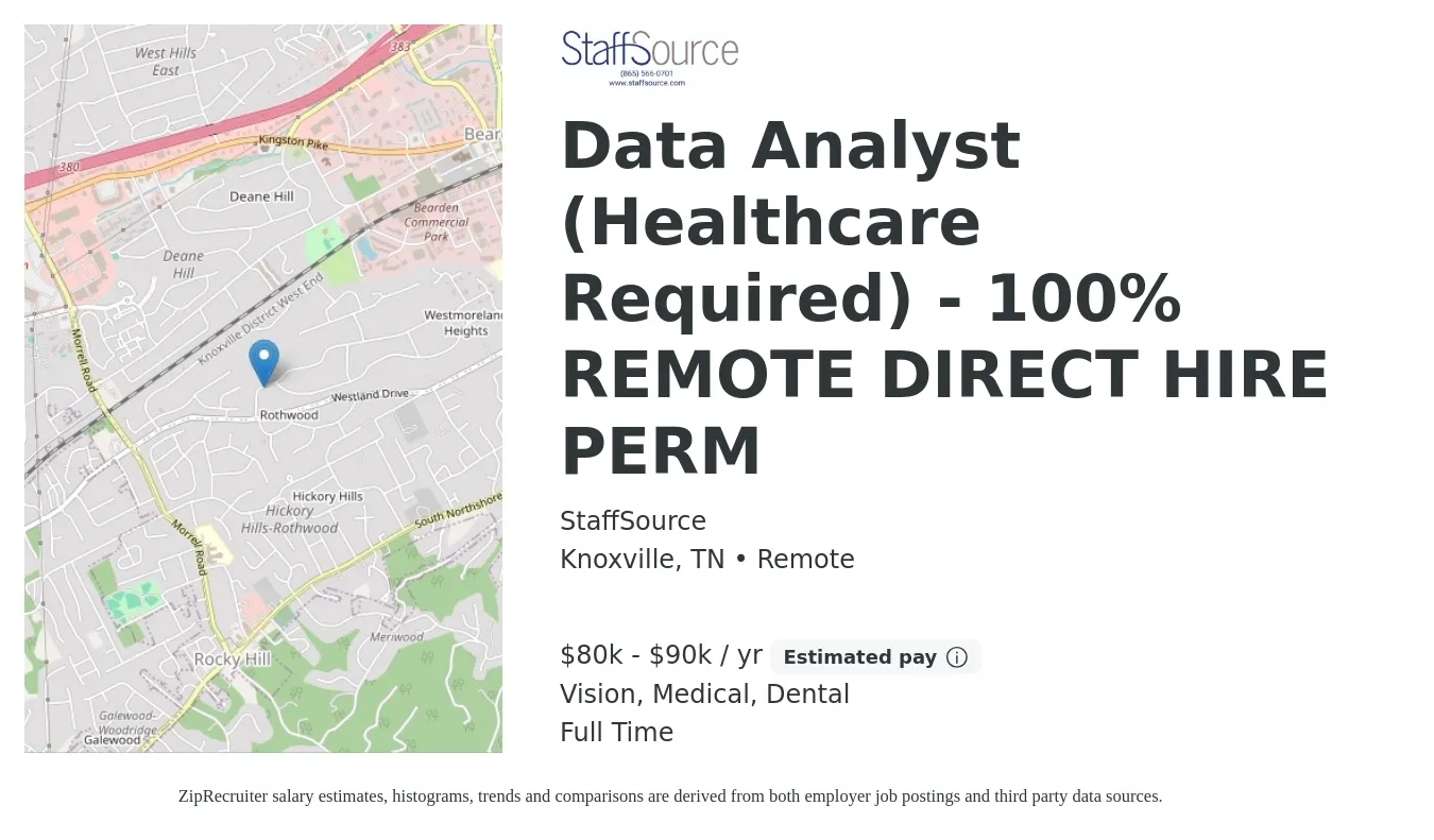 StaffSource job posting for a Data Analyst (Healthcare Required) - 100% REMOTE DIRECT HIRE PERM in Knoxville, TN with a salary of $80,000 to $90,000 Yearly and benefits including dental, medical, retirement, and vision with a map of Knoxville location.