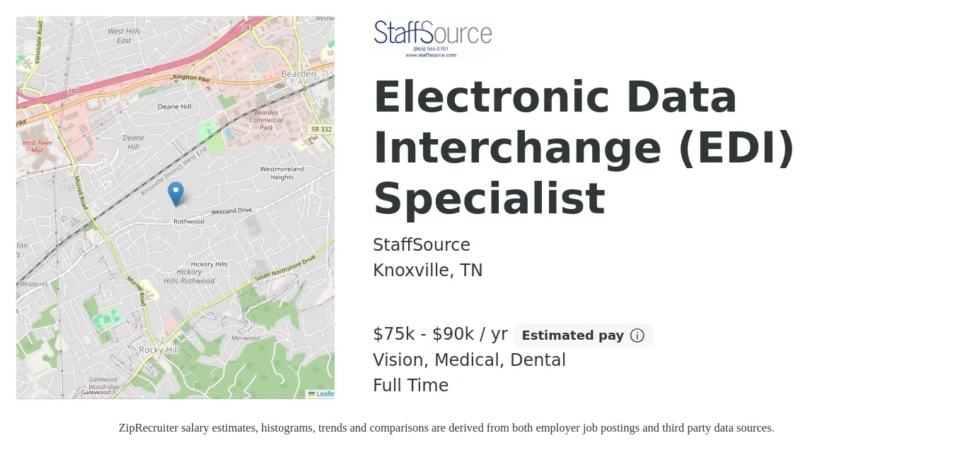 StaffSource job posting for a Electronic Data Interchange (EDI) Specialist in Knoxville, TN with a salary of $75,000 to $90,000 Yearly and benefits including vision, dental, medical, and pto with a map of Knoxville location.