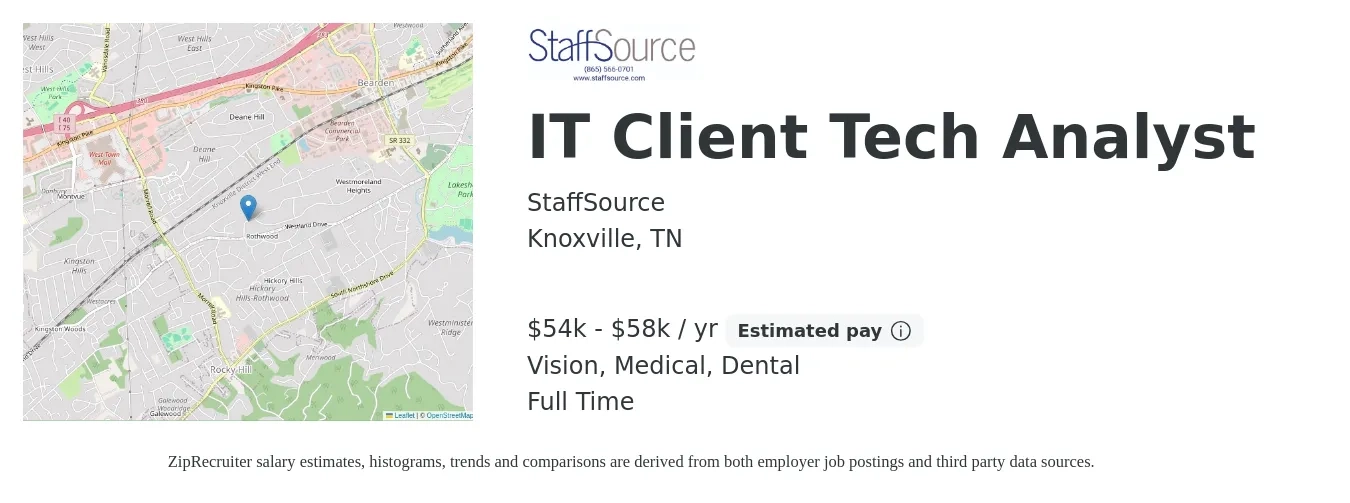StaffSource job posting for a IT Client Tech Analyst in Knoxville, TN with a salary of $54,000 to $58,000 Yearly and benefits including medical, vision, and dental with a map of Knoxville location.