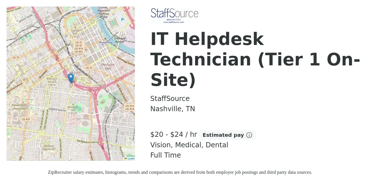 StaffSource job posting for a IT Helpdesk Technician (Tier 1 On-Site) in Nashville, TN with a salary of $21 to $25 Hourly and benefits including medical, vision, and dental with a map of Nashville location.