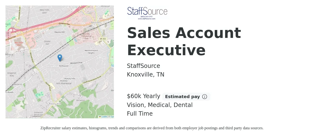 StaffSource job posting for a Sales Account Executive in Knoxville, TN with a salary of $60,000 Yearly (plus commission) and benefits including dental, life_insurance, medical, pto, retirement, and vision with a map of Knoxville location.