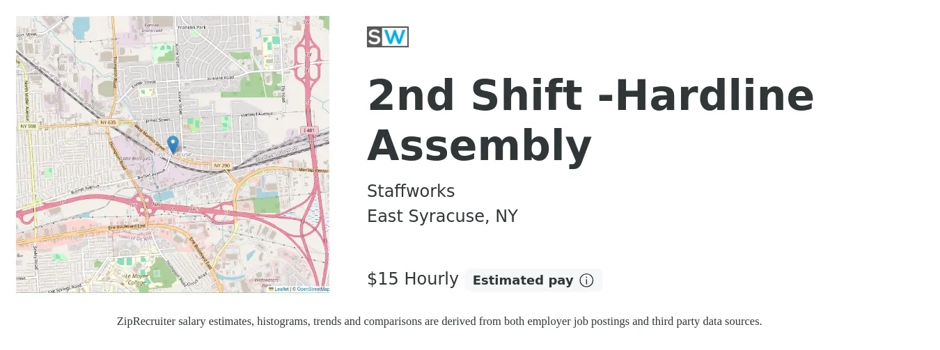 Staffworks job posting for a 2nd Shift -Hardline Assembly in East Syracuse, NY with a salary of $16 Hourly with a map of East Syracuse location.