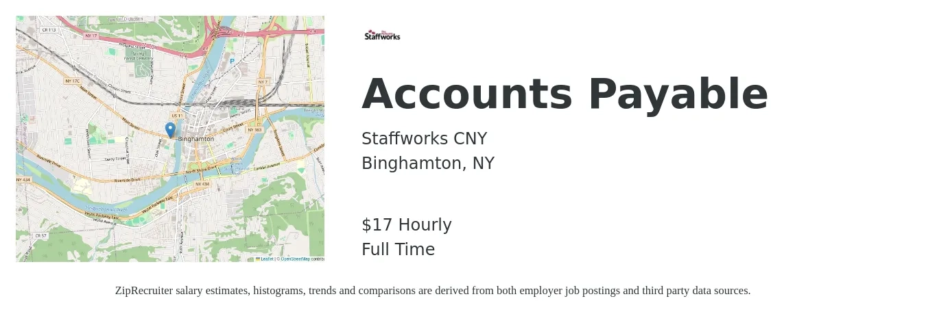Staffworks CNY job posting for a Accounts Payable in Binghamton, NY with a salary of $18 Hourly with a map of Binghamton location.