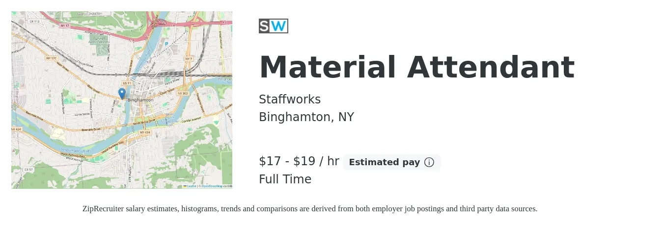 Staffworks job posting for a Material Attendant in Binghamton, NY with a salary of $18 to $21 Hourly with a map of Binghamton location.