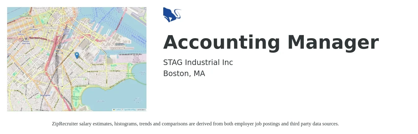 STAG Industrial Inc job posting for a Accounting Manager in Boston, MA with a salary of $84,500 to $121,300 Yearly with a map of Boston location.