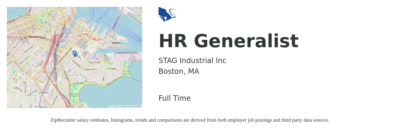 STAG Industrial Inc job posting for a HR Generalist in Boston, MA with a salary of $56,300 to $80,200 Yearly with a map of Boston location.