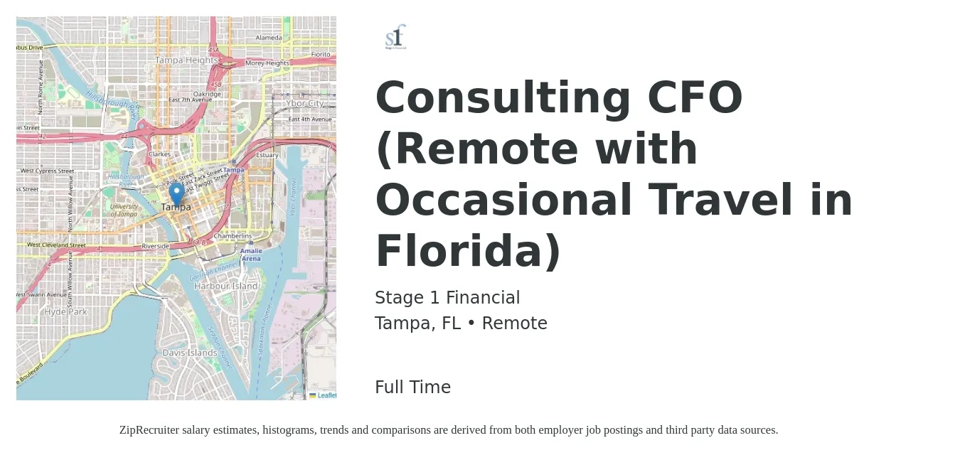 Stage 1 Financial job posting for a Consulting CFO (Remote with Occasional Travel in Florida) in Tampa, FL with a salary of $123,700 to $350,900 Yearly with a map of Tampa location.