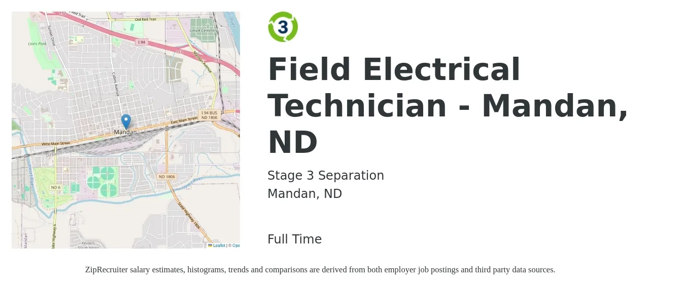 Stage 3 Separation job posting for a Field Electrical Technician - Mandan, ND in Mandan, ND with a salary of $18 to $25 Hourly with a map of Mandan location.