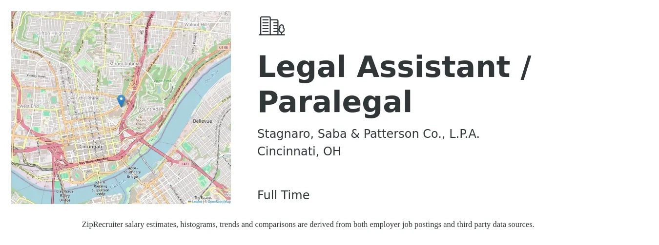 Stagnaro, Saba & Patterson Co., L.P.A. job posting for a Legal Assistant / Paralegal in Cincinnati, OH with a salary of $36,500 to $52,800 Yearly with a map of Cincinnati location.