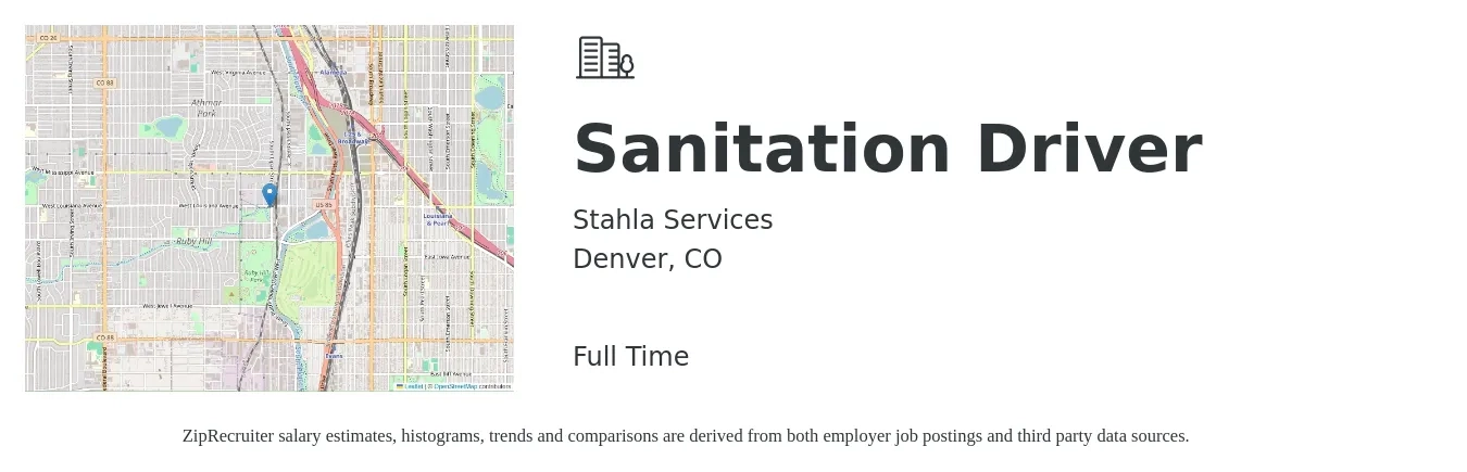 Stahla Services job posting for a Sanitation Driver in Denver, CO with a salary of $16 to $22 Hourly with a map of Denver location.