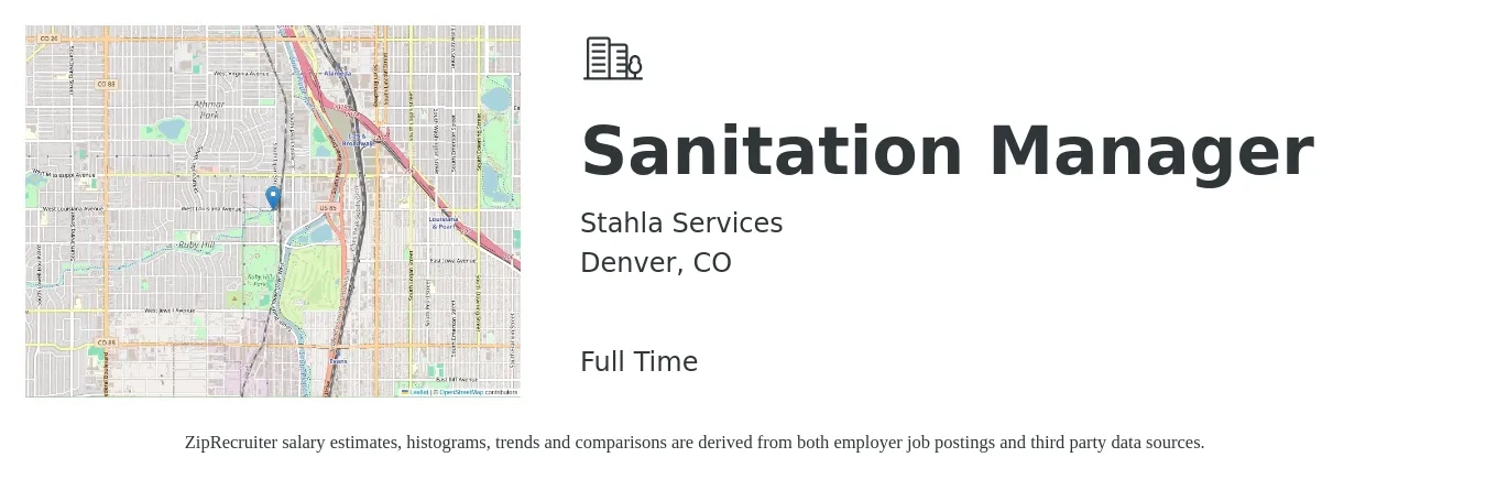 Stahla Services job posting for a Sanitation Manager in Denver, CO with a salary of $50,400 to $76,200 Yearly with a map of Denver location.