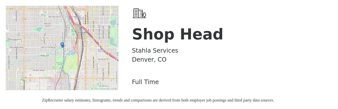 Stahla Services job posting for a Shop Head in Denver, CO with a salary of $14 to $20 Hourly with a map of Denver location.