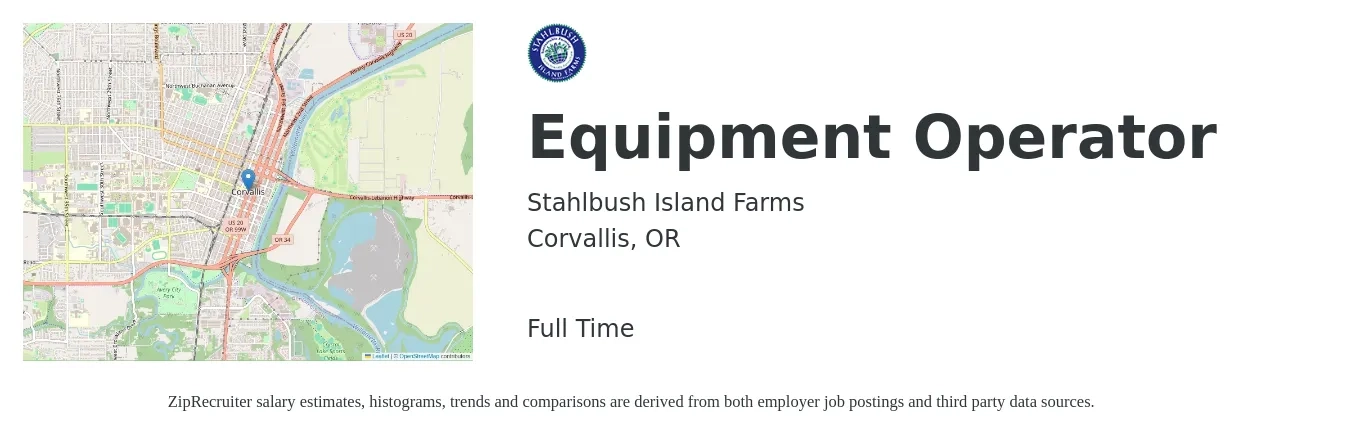 Stahlbush Island Farms job posting for a Equipment Operator in Corvallis, OR with a salary of $19 to $26 Hourly with a map of Corvallis location.