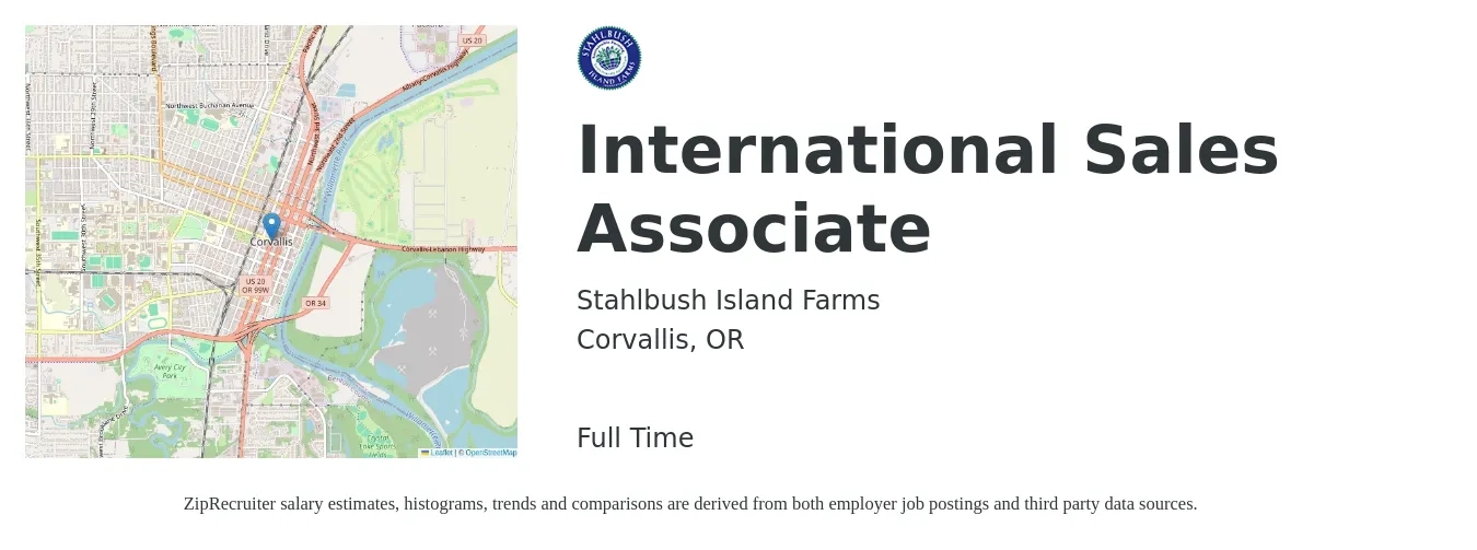 Stahlbush Island Farms job posting for a International Sales Associate in Corvallis, OR with a salary of $14 to $19 Hourly with a map of Corvallis location.