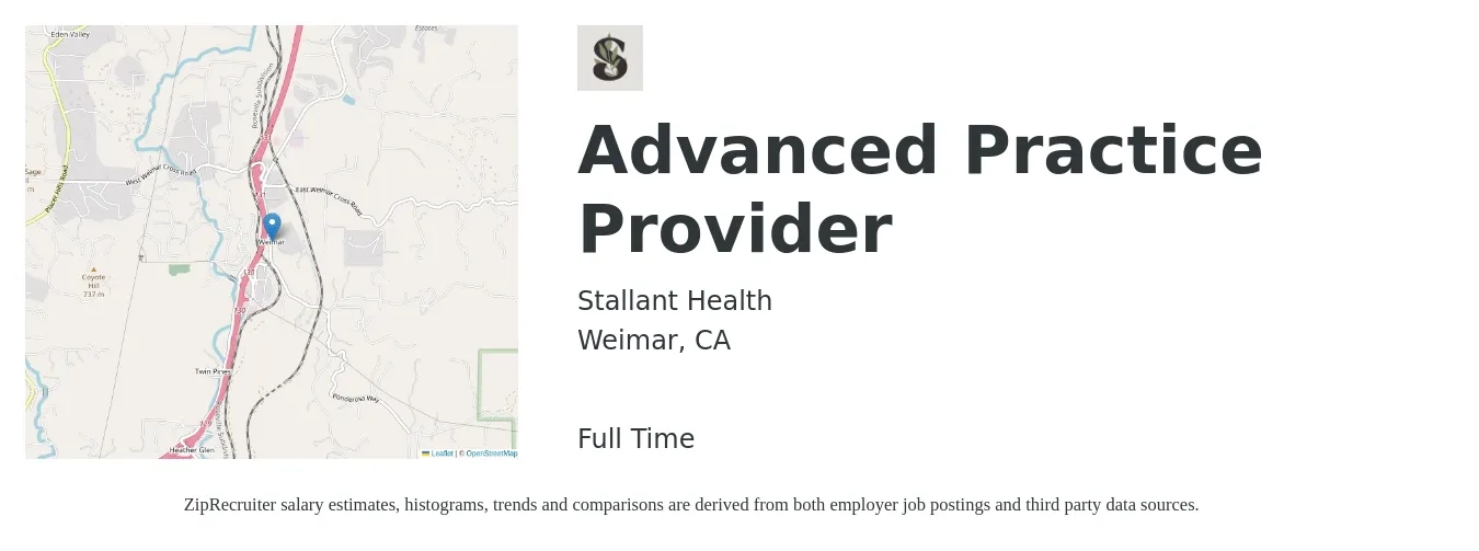 Stallant Health job posting for a Advanced Practice Provider in Weimar, CA with a salary of $115,600 to $149,500 Yearly with a map of Weimar location.