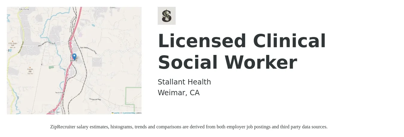 Stallant Health job posting for a Licensed Clinical Social Worker in Weimar, CA with a salary of $95,000 to $105,000 Yearly with a map of Weimar location.