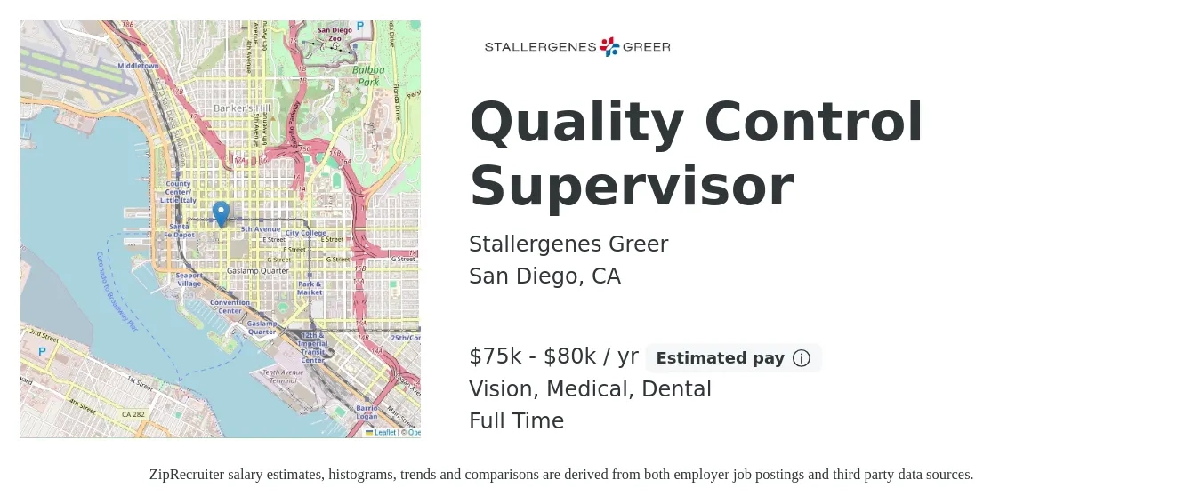 Stallergenes Greer job posting for a Quality Control Supervisor in San Diego, CA with a salary of $75,000 to $80,000 Yearly and benefits including dental, life_insurance, medical, pto, and vision with a map of San Diego location.