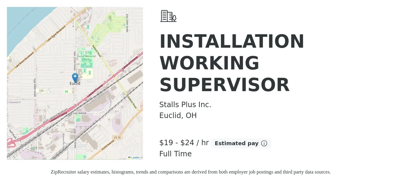 Stalls Plus Inc. job posting for a INSTALLATION WORKING SUPERVISOR in Euclid, OH with a salary of $20 to $25 Hourly with a map of Euclid location.