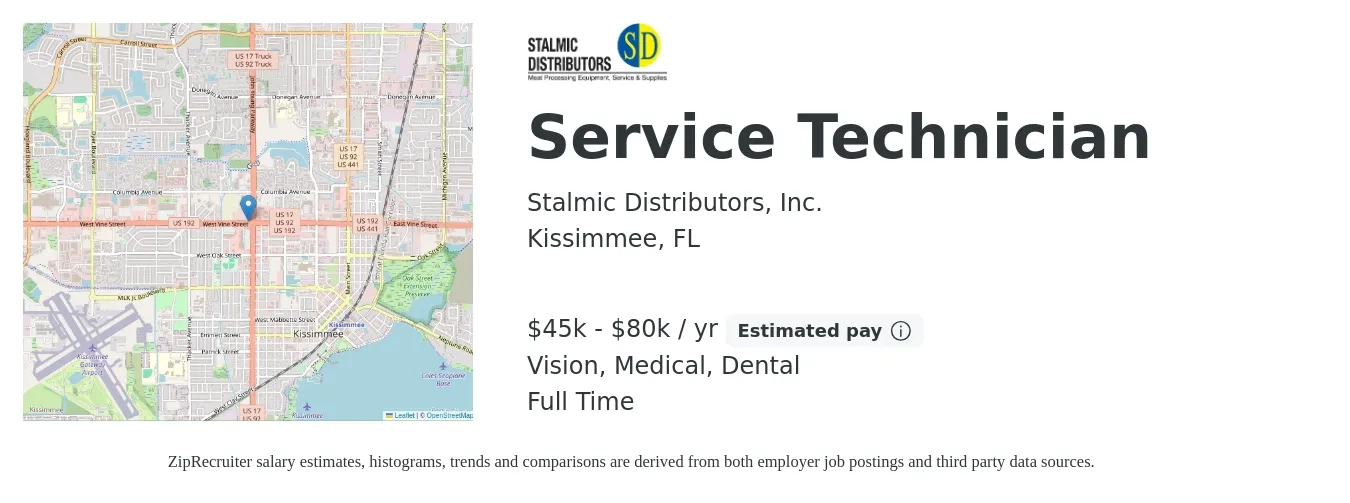 Stalmic Distributors, Inc. job posting for a Service Technician in Kissimmee, FL with a salary of $45,000 to $80,000 Yearly and benefits including dental, medical, retirement, and vision with a map of Kissimmee location.