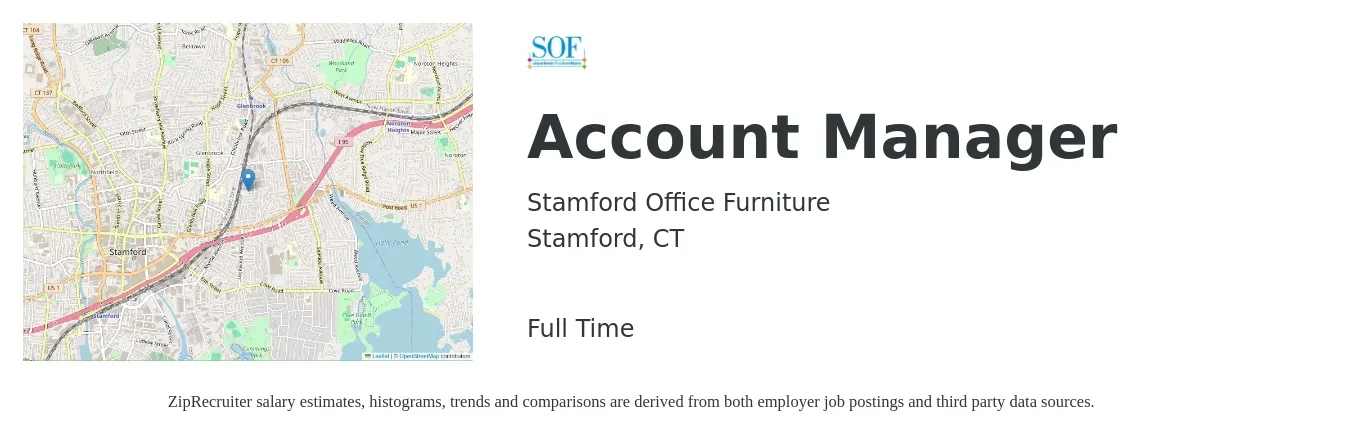 Stamford Office Furniture job posting for a Account Manager in Stamford, CT with a salary of $51,200 to $83,700 Yearly with a map of Stamford location.
