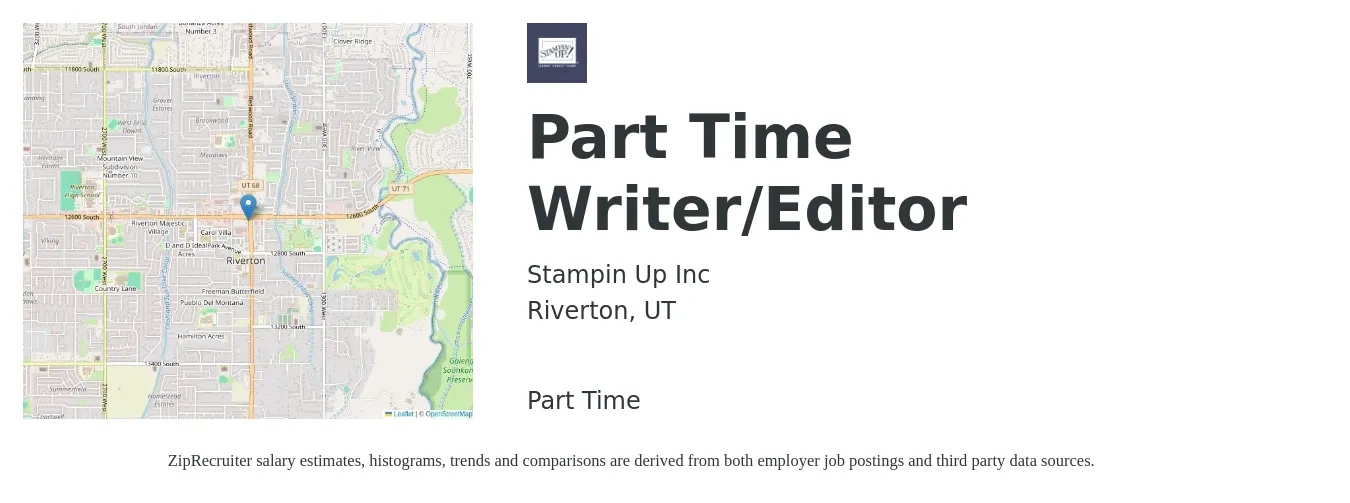 Stampin Up Inc job posting for a Part Time Writer/Editor in Riverton, UT with a salary of $62,700 to $97,900 Yearly with a map of Riverton location.