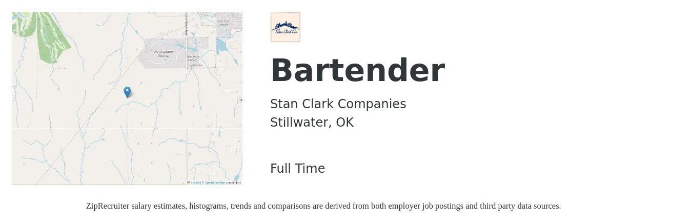 Stan Clark Companies job posting for a Bartender in Stillwater, OK with a salary of $8 to $15 Hourly with a map of Stillwater location.