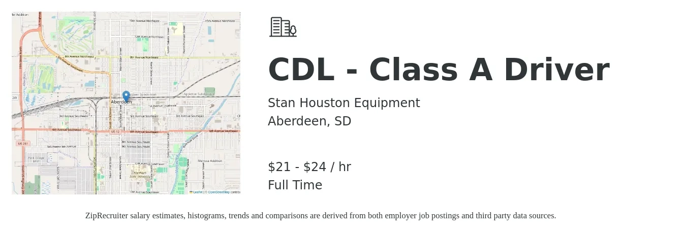 Stan Houston Equipment job posting for a CDL - Class A Driver in Aberdeen, SD with a salary of $22 to $25 Hourly with a map of Aberdeen location.