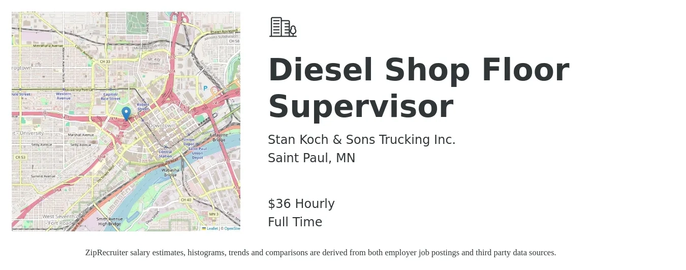 Stan Koch & Sons Trucking Inc. job posting for a Diesel Shop Floor Supervisor in Saint Paul, MN with a salary of $38 Hourly with a map of Saint Paul location.