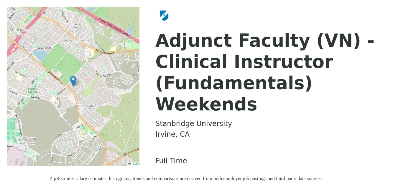 Stanbridge University job posting for a Adjunct Faculty (VN) - Clinical Instructor (Fundamentals) Weekends in Irvine, CA with a salary of $40 to $50 Hourly with a map of Irvine location.