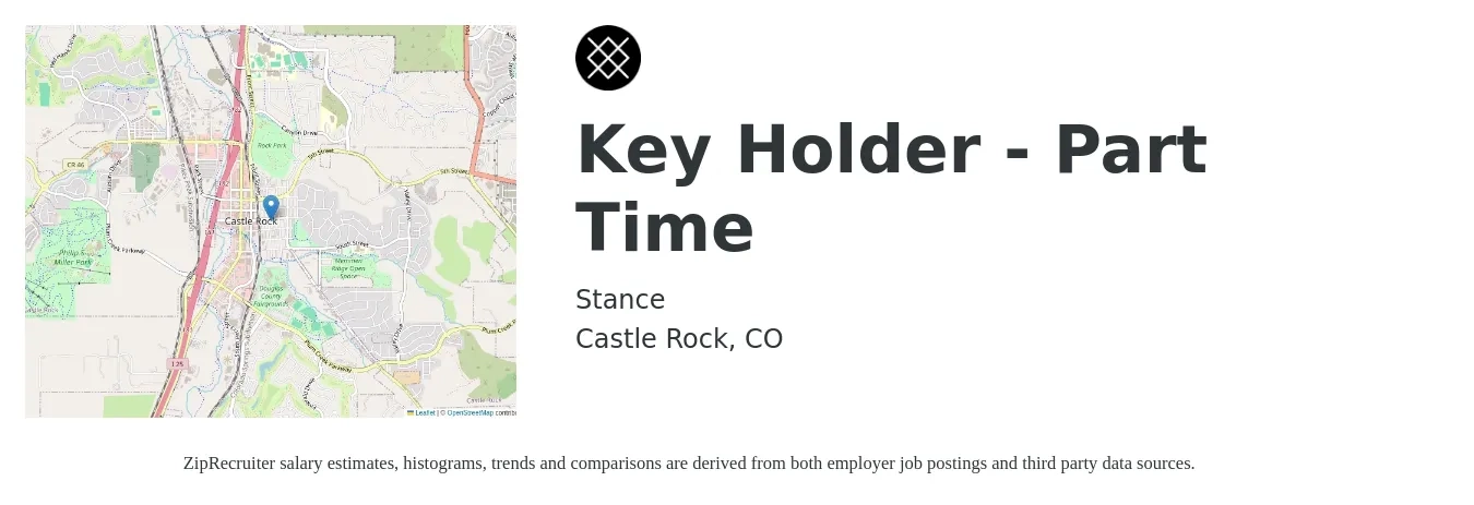 Stance job posting for a Key Holder - Part Time in Castle Rock, CO with a salary of $17 to $18 Hourly with a map of Castle Rock location.