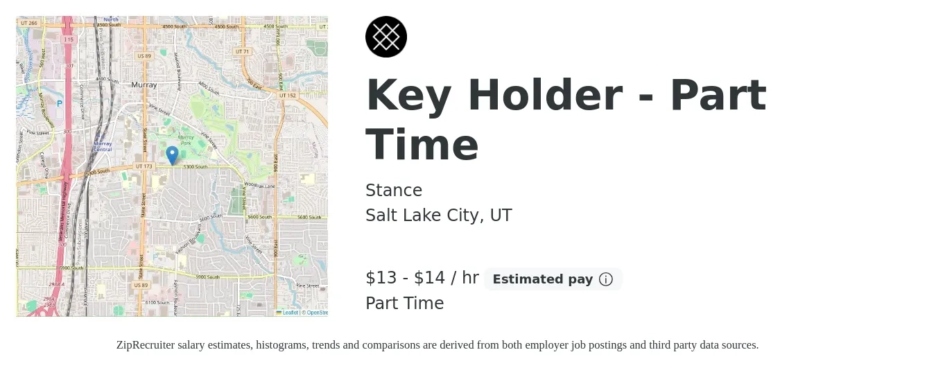 Stance job posting for a Key Holder - Part Time in Salt Lake City, UT with a salary of $14 to $16 Hourly with a map of Salt Lake City location.