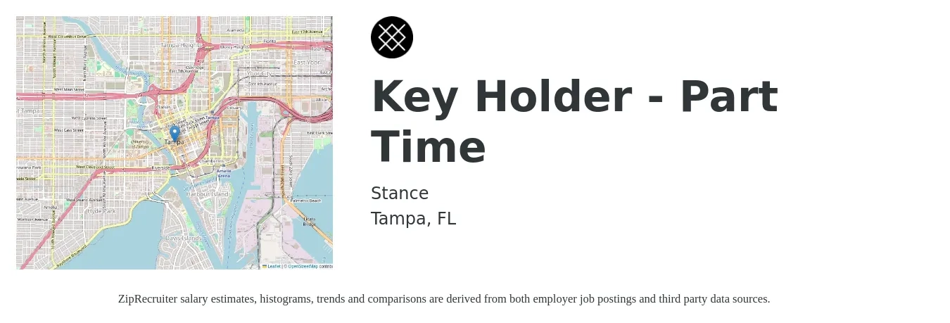 Stance job posting for a Key Holder - Part Time in Tampa, FL with a salary of $16 to $17 Hourly with a map of Tampa location.