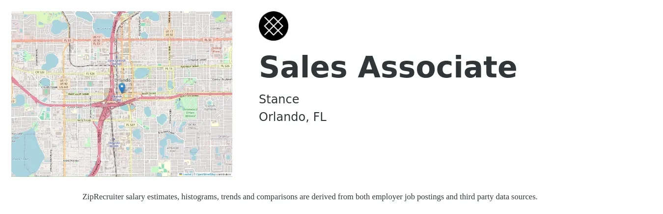 Stance job posting for a Sales Associate in Orlando, FL with a salary of $15 Hourly with a map of Orlando location.