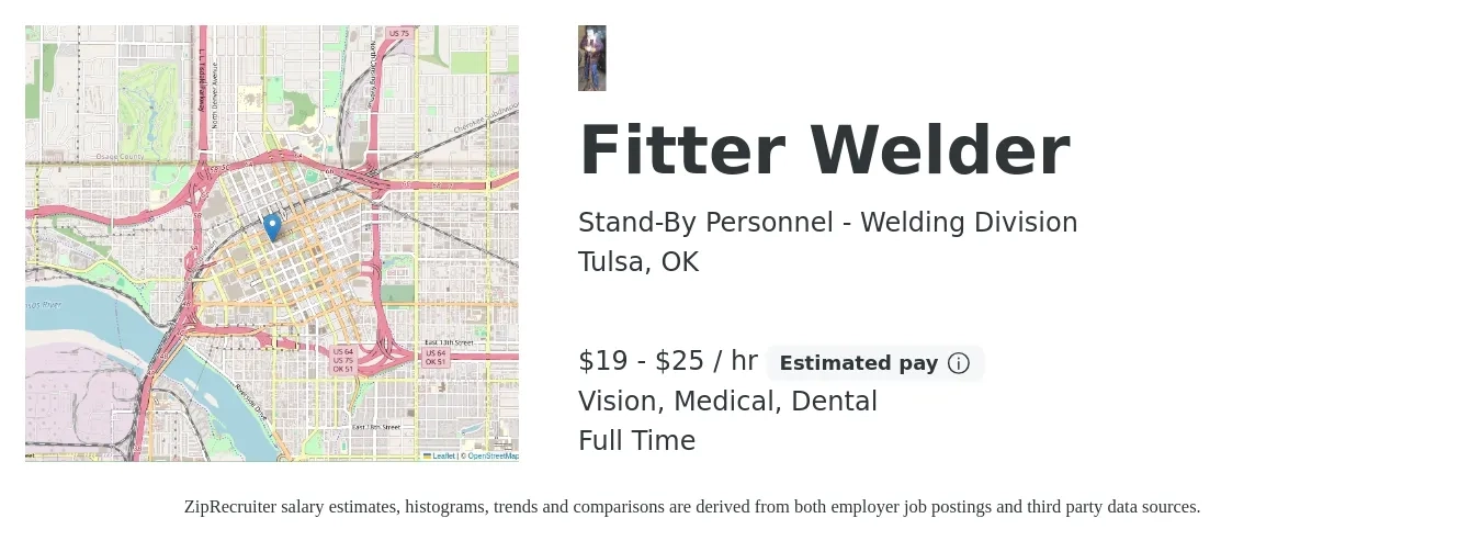 Stand-By Personnel - Welding Division job posting for a Fitter Welder in Tulsa, OK with a salary of $20 to $26 Hourly and benefits including dental, life_insurance, medical, and vision with a map of Tulsa location.